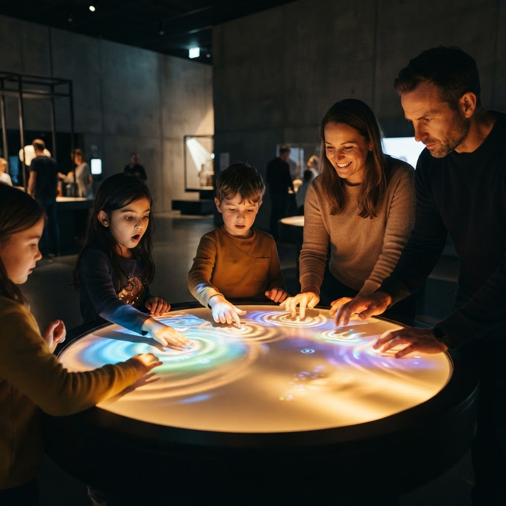 Children exploring an interactive glowing light table in a dark museum
