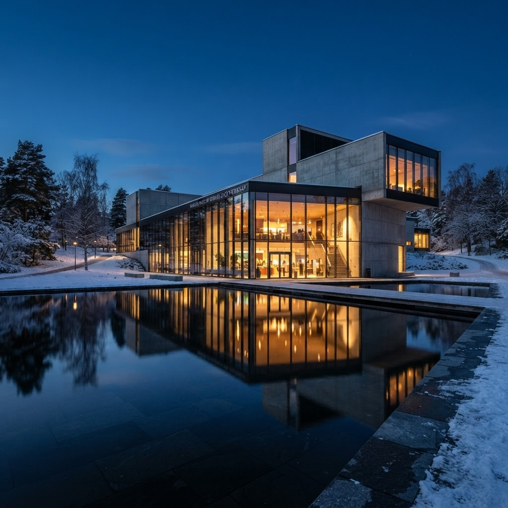 Rendering of the ValoScience Museum, a minimalist Nordic building glowing at dusk